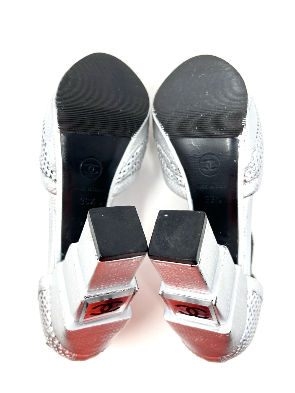 Vintage Chanel Silver Leather CC Logo Cap Toe Platform High Heels Pumps 36.5 - Picture 12 of 15